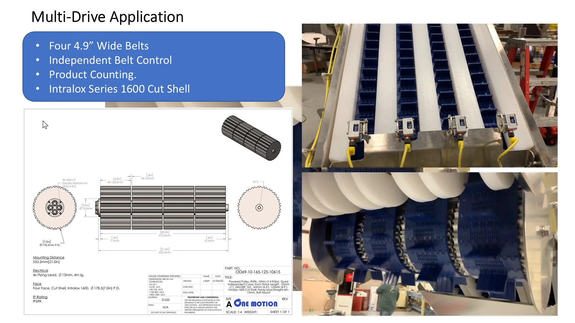 Multi-Drive application: four 4.9-inch wide belts with independent belt control and product counting, on an Intralox Series 1600 cut shell.