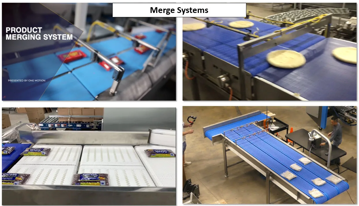 Four photos of One Motion product merging systems on blue and white modular belts