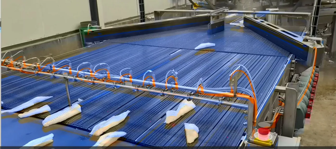 A wide blue modular-belt merge conveyor bringing many lanes of packaged product together into two lanes