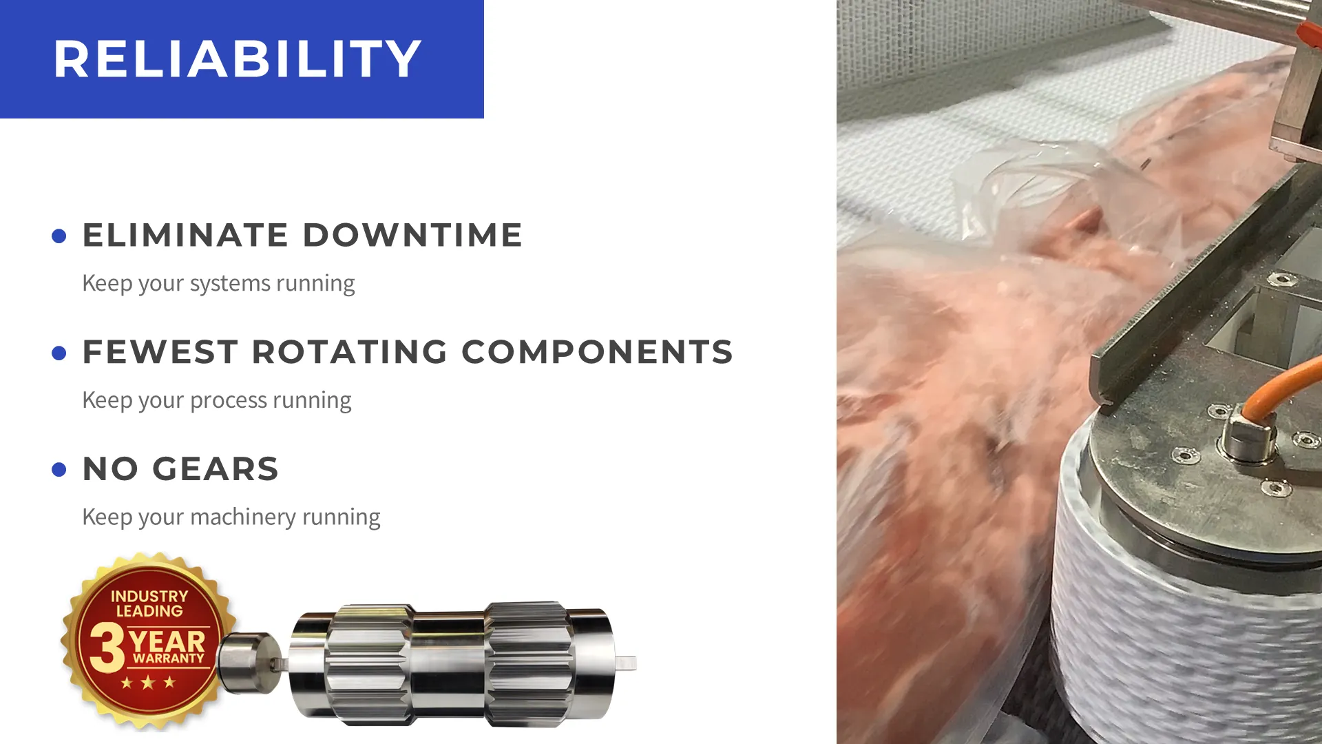 Reliability: eliminate downtime, fewest rotating components and no gears, with a 3-year warranty badge.
