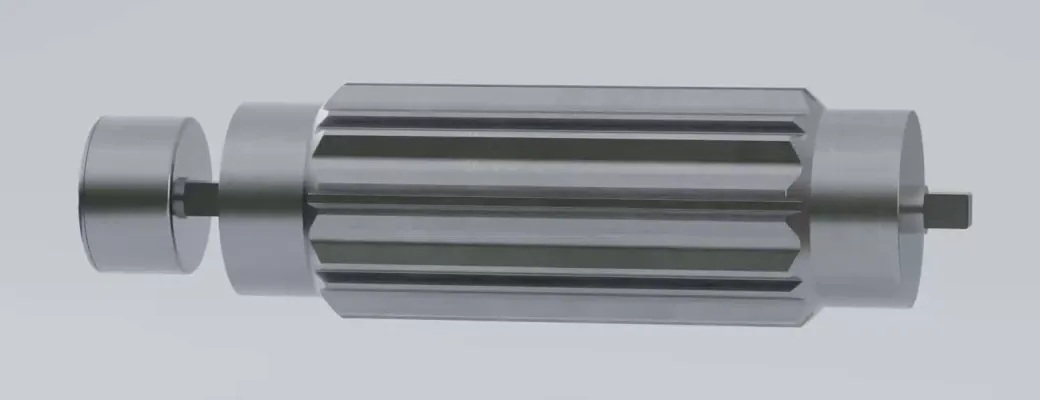 Powered pulley assembled: a ribbed stainless shell between two mounting ends