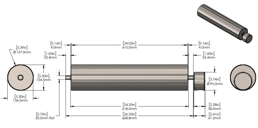 Dimension drawing of the example drive, part OD69-60-135-610-11193: a 137 mm diameter, 610 mm face square-drive powered pulley with a junction box on one end