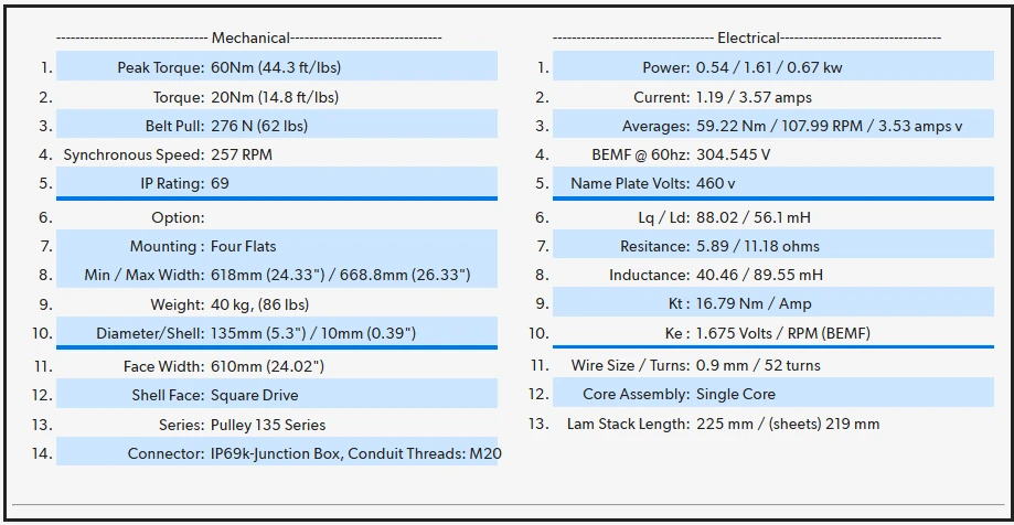 Example One Motion product data sheet: mechanical and electrical ratings, including current of 1.19 A continuous and 3.57 A maximum