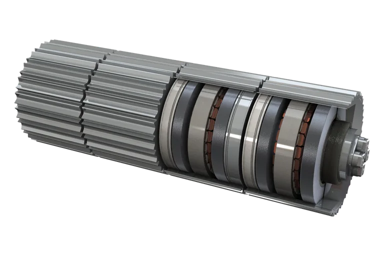 Cutaway render of a MagDrive Multi-Drive: ribbed stainless shells on one shaft, opened up to show the stators and bearings inside