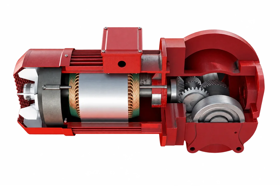 Cutaway of a conventional AC motor with a gearbox, showing the motor windings and the gear train