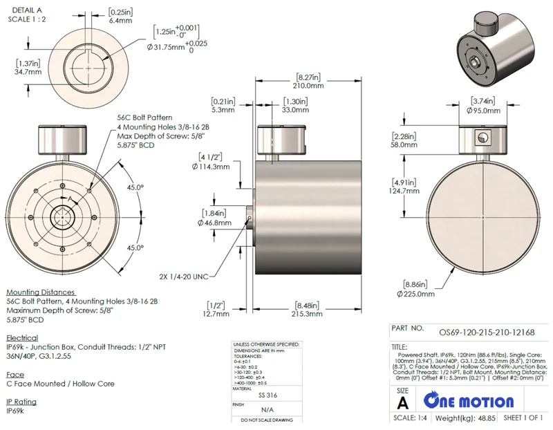 SideDrive engineering drawing with mounting, shaft and body dimensions